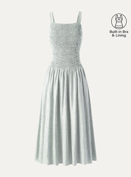 Striped Poplin Square Neck Smocked Midi Built-In Bra Dress