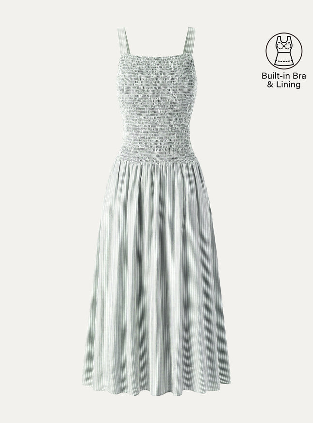 Striped Poplin Square Neck Smocked Midi Built-In Bra Dress