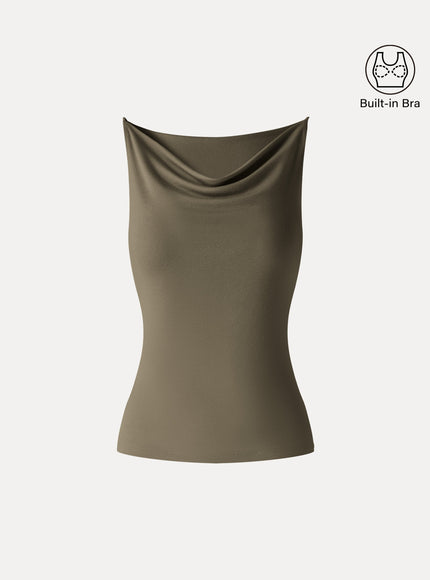 Stretch Linen Cowl Neck Built-In Bra Tank