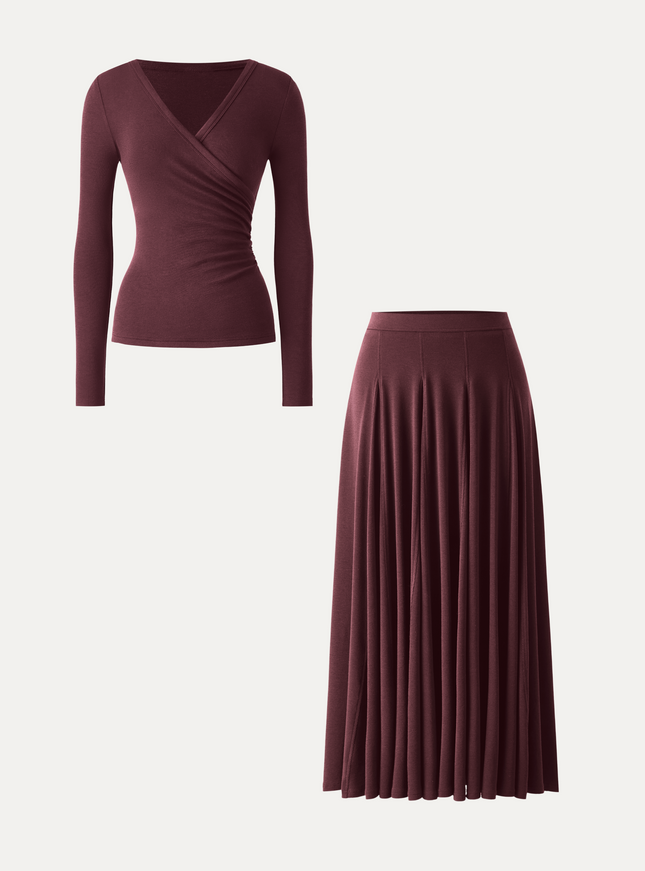 2Pcs Set Surplice Ruched Long Sleeve & Godet Hem Pull-on Maxi Skirt