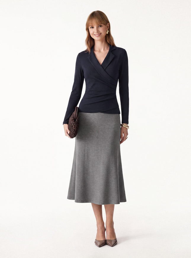 2Pcs Set Collared Surplice Top & Soft Thermal Pull-On Midi Skirt