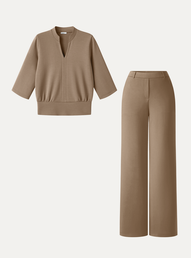 2Pcs Set V-Neck Elbow Sleeve Top & High-Rise Wide Leg Pants with Pockets