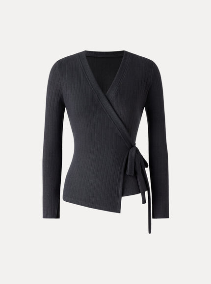MaxWarm Wide Ribbed Crossover Long Sleeve Tie-Waist Top