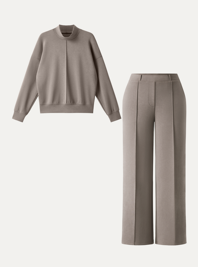 2Pcs Set Mockneck Pullover Shirt & Mid Rise Straight Leg Pants with Pockets