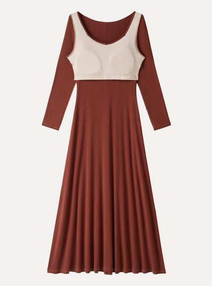 Diamond Neck Long Sleeve Drapey Maxi Built-In Bra Dress