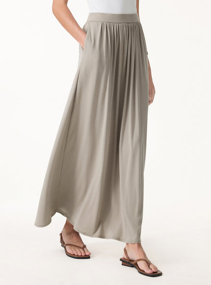 Soft Linen Knit Gathered A-Line Maxi Skirt with Pockets