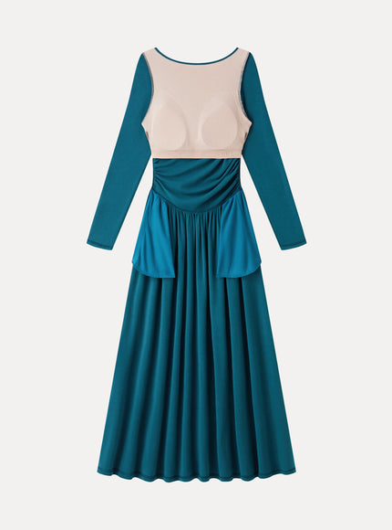 Boatneck Long Sleeve Ruched Maxi Built-In Bra Dress with Pockets