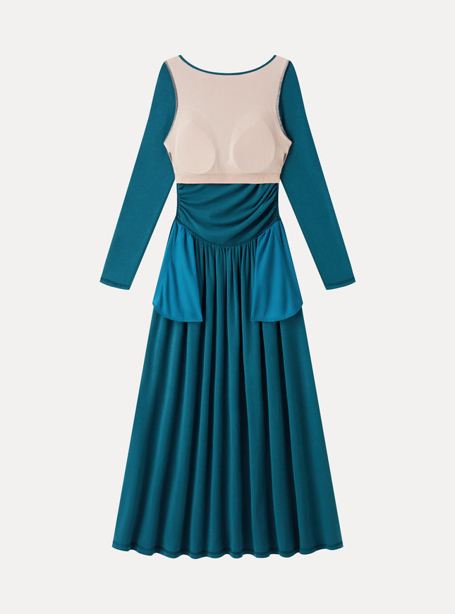 Boatneck Long Sleeve Ruched Maxi Built-In Bra Dress with Pockets
