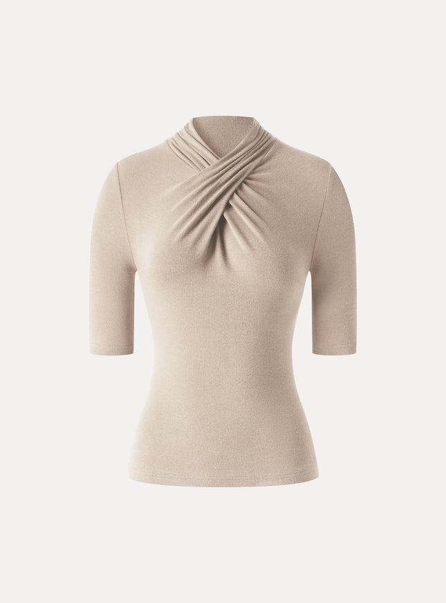 Crisscross Mock Neck Elbow Sleeve Ruched Top