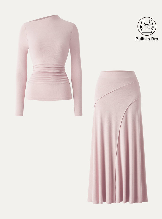 2Pcs Set Asymmetrical Long Sleeve Built-In Bra Top & A-Line Midi Skirt
