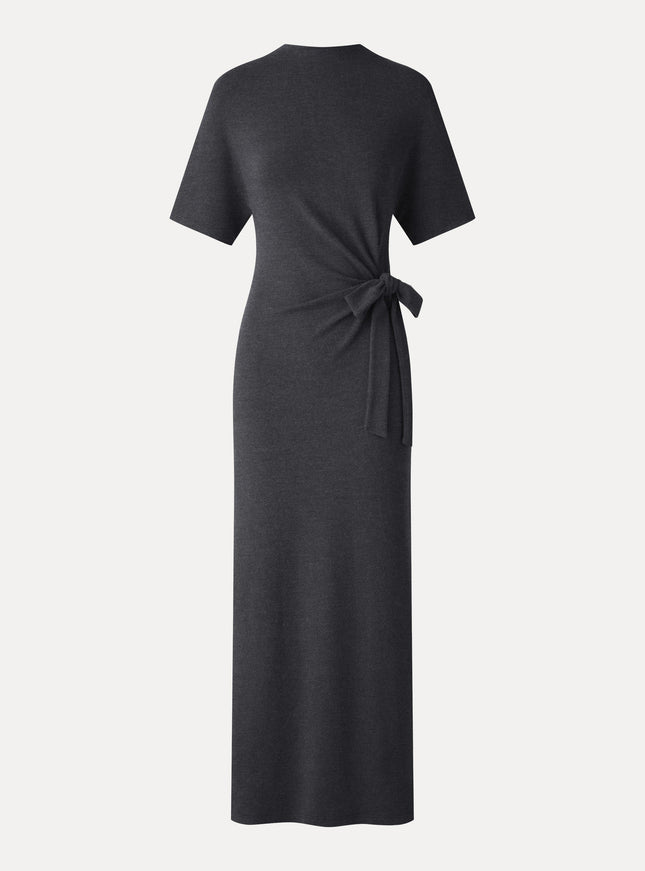 Mock Neck Elbow Sleeve Tie-Waist Midi Dress