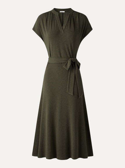 Neck Short Sleeve Belted Midi Dress