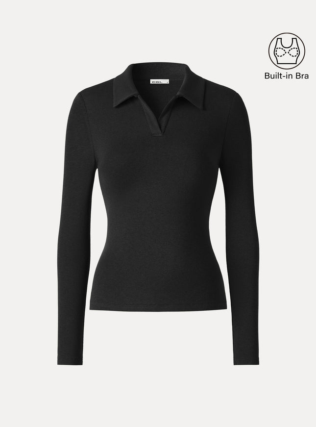 Office Staple V-Neck Lapel Long Sleeve Built-In Bra Top