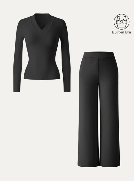 2Pcs Set V-neck Slimming Built-In Bra Top & Mid Rise Straight Pant with Pockets