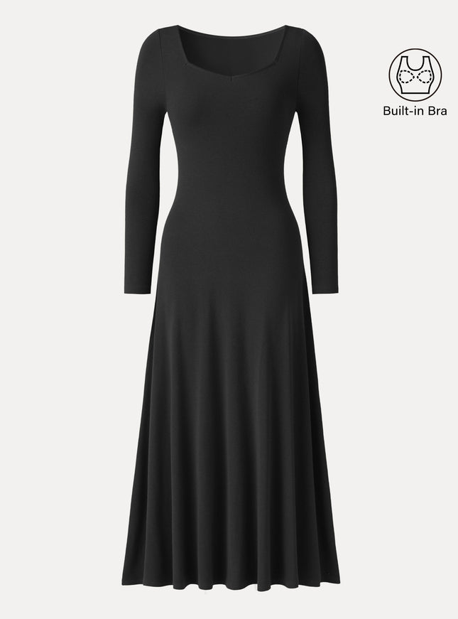 Diamond Neck Long Sleeve Drapey Maxi Built-In Bra Dress