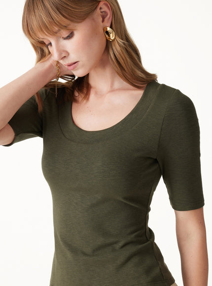 Slub U-Neck Elbow Sleeve Built-In Bra Top