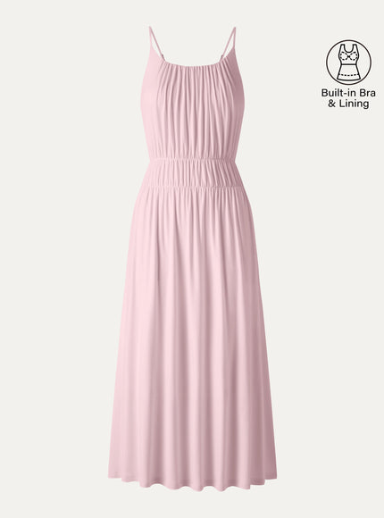 Vacay Gathered U-Neck Spaghetti Midi Built-In Bra Dress with Pockets