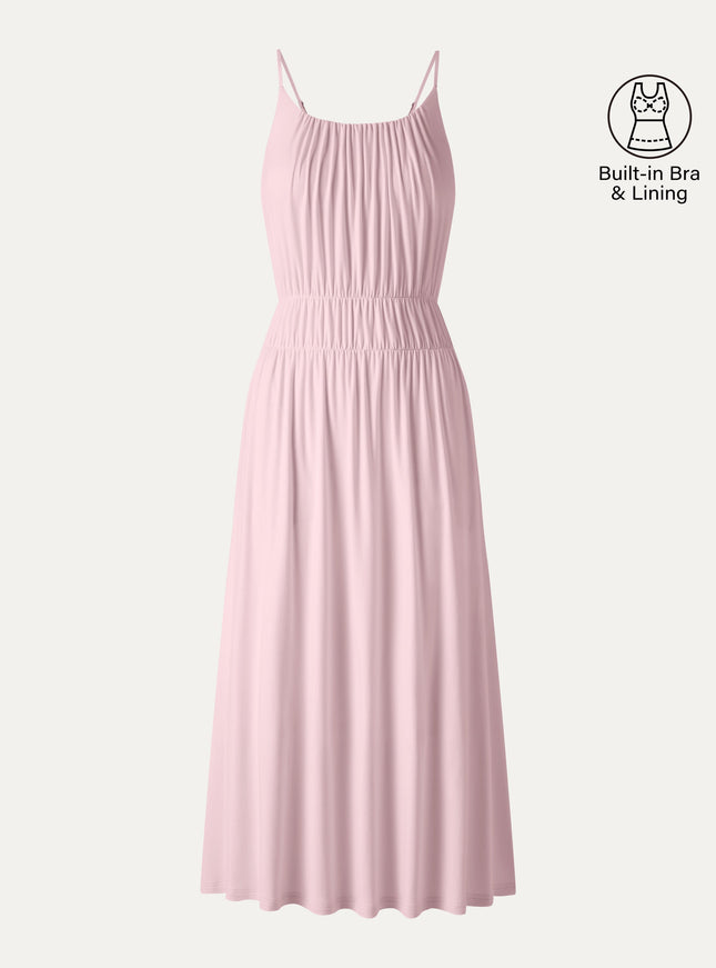 Vacay Gathered U-Neck Spaghetti Midi Built-In Bra Dress with Pockets