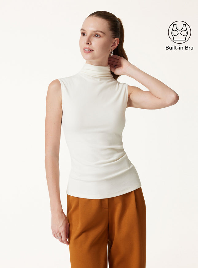 Mock Neck Sleeveless Ruched Built-In Bra Top
