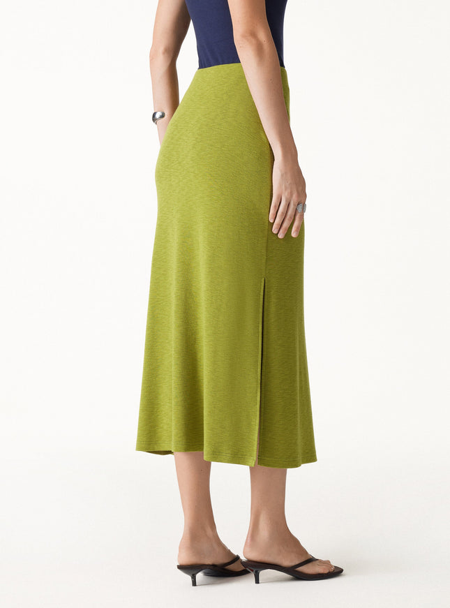 2Pcs Set Round Neck Elbow Sleeve Built-In Bra Top & Side-Slit A-Line Midi Skirt