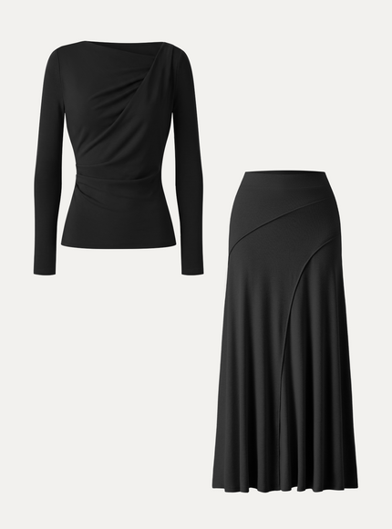 2Pcs Set Asymmetrical Neck Top & Drapey A-Line Midi Skirt