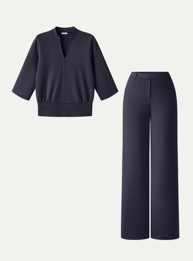 2Pcs Set V-Neck Elbow Sleeve Top & High-Rise Wide Leg Pants with Pockets