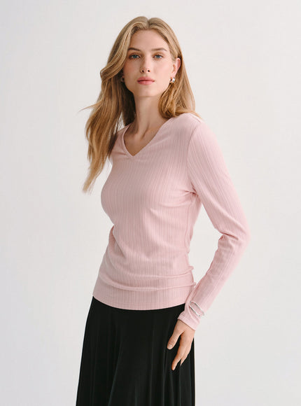 Cotton-Viscose V-Neck Long Sleeve Top