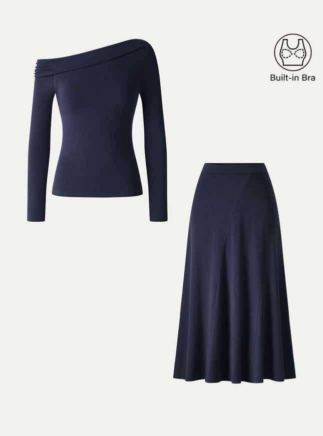 2Pcs Set Asymmetrical Built-In Bra Top & High-Rise A-Line Midi Skirt