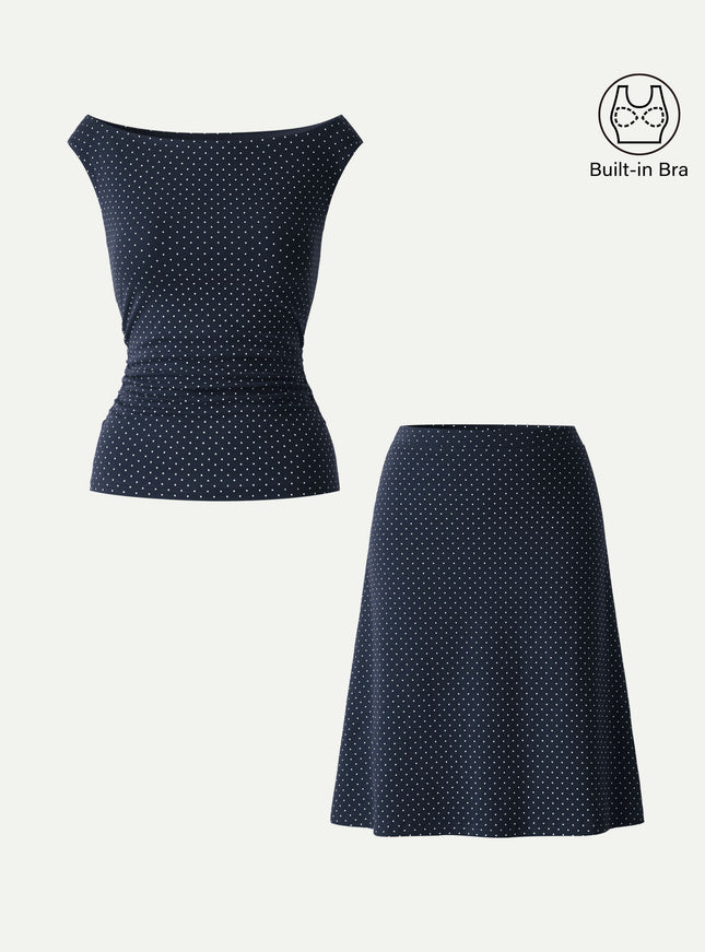2Pcs Set Polka Dot Boatneck Built-In Bra & A-Line Flare Skirt Limited Edition