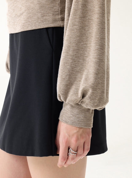 Slub Ribbed Henley Neck Batwing Sleeve Close-Fit Hem Top