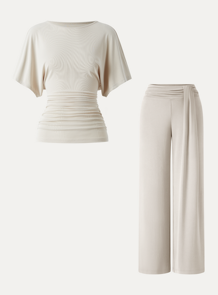 2Pcs Set Boatneck Batwing Sleeve Top & Mid-Rise Wide-Leg Lounge Pants