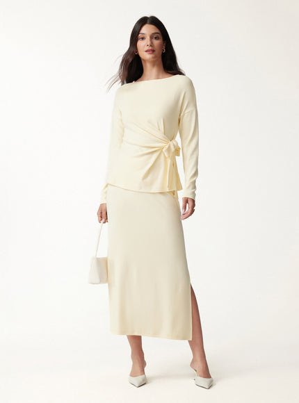 Boatneck Long Sleeve Tie-Waist Top
