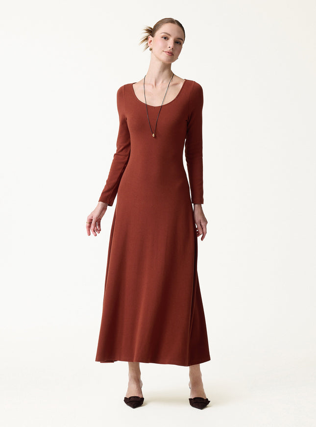 Diamond Neck Long Sleeve Drapey Maxi Built-In Bra Dress