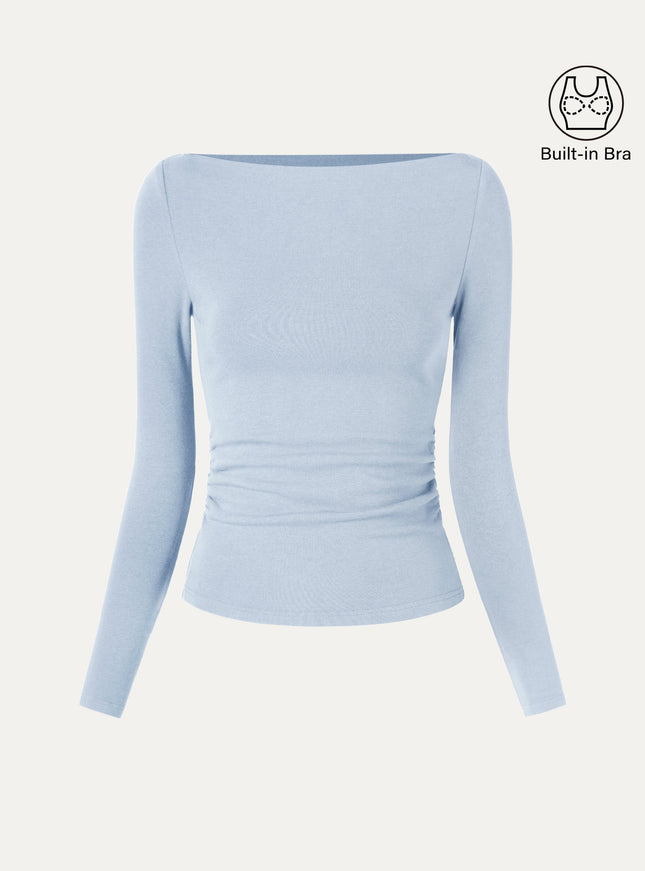 Modern Side Ruched Boatneck Built-In Bra Top