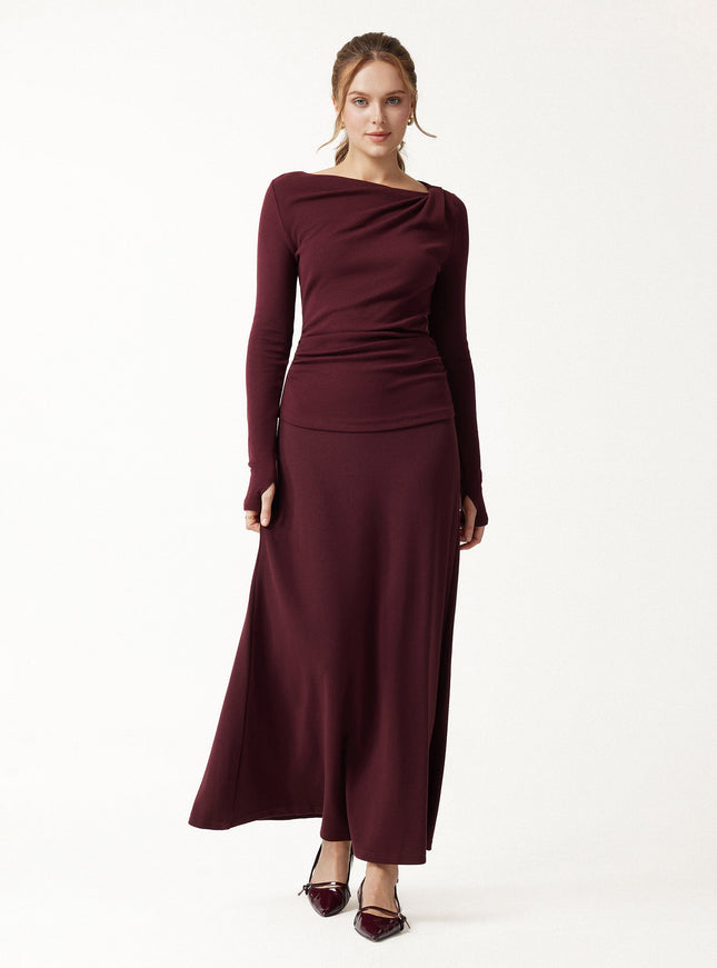 2Pcs Set Asymmetrical Neck Ruched Top & High-Rise A-Line Maxi Skirt