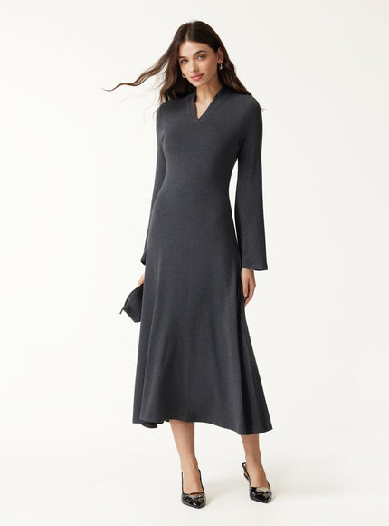 V-Neck Long Sleeve Flowy Midi Built-In Bra Dress
