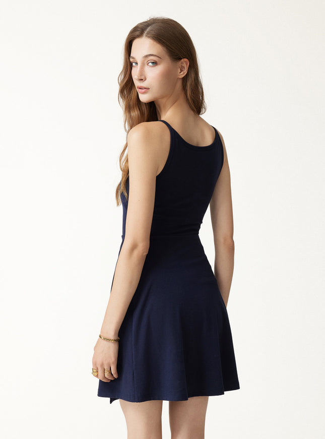 Viscose-Cotton Boatneck Sleeveless Wrap Mini Built-In Bra Dress
