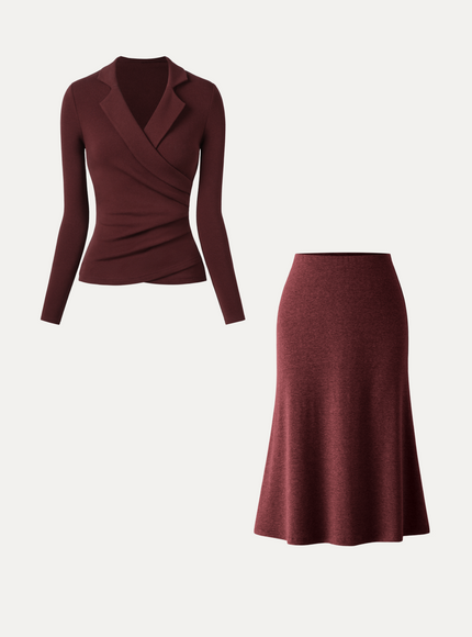 2Pcs Set Collared Surplice Top & Soft Thermal Pull-On Midi Skirt
