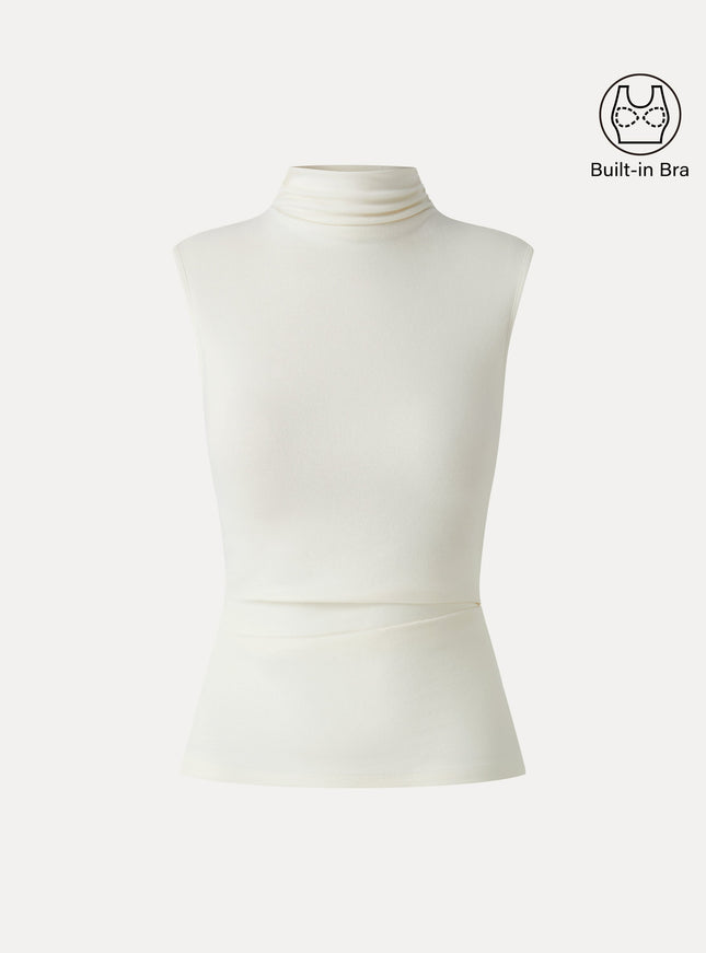 Mock Neck Sleeveless Ruched Built-In Bra Top