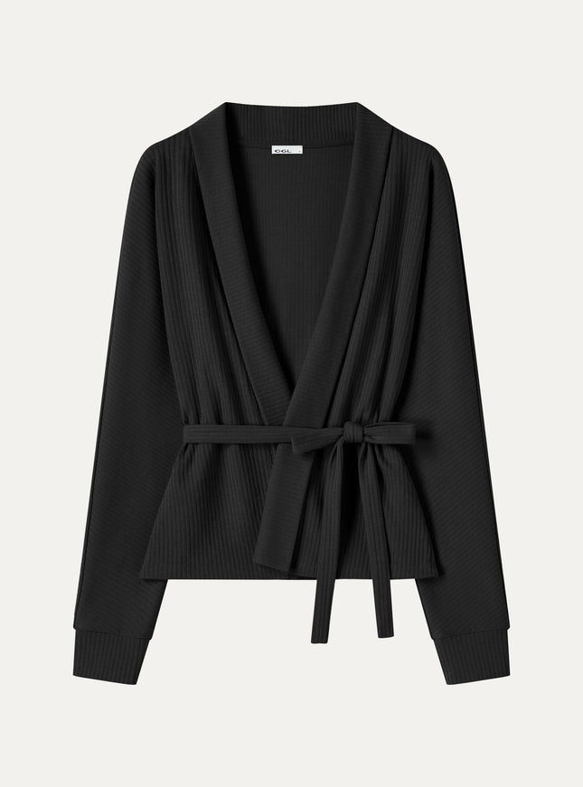 Textured Cotton Blend Lapel Belted Open-Front Jacket