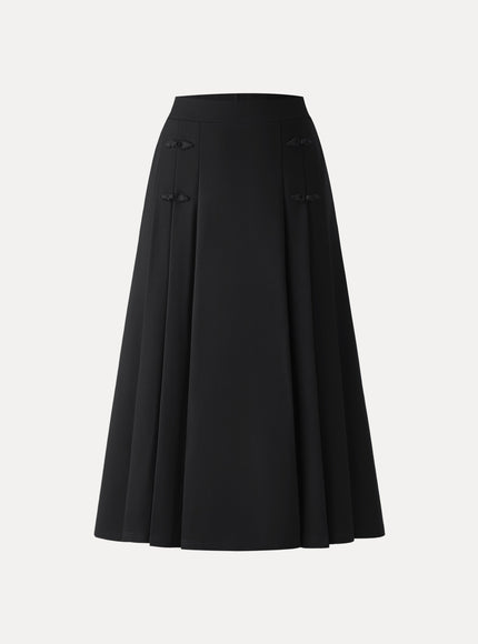 Pleated Frog Button Decor Midi A-line Skirt Limited Edition