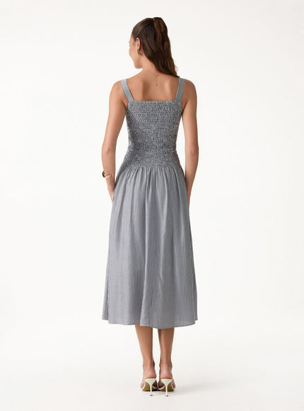 Striped Poplin Square Neck Smocked Midi Built-In Bra Dress