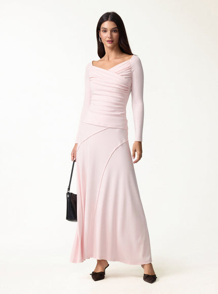 2Pcs Set Surplice Long Sleeve Ruched Top & A-Line Midi Skirt