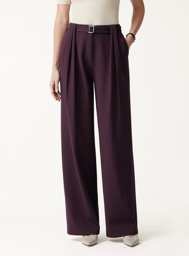 Stretch Ponte High-Rise Belted Wide-Leg Pants with Pockets