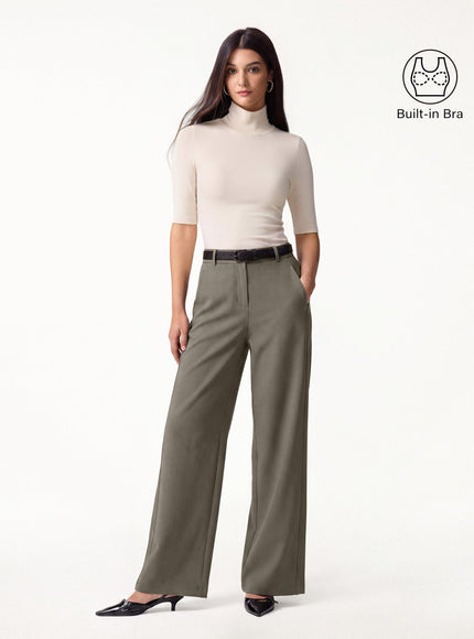 2Pcs Set Turtleneck Built-In Bra Tops & High Rise Wide Leg Pant