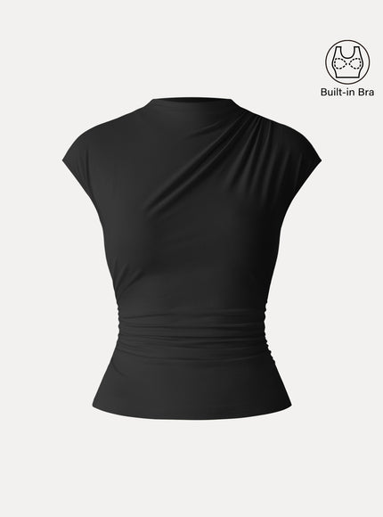 Mockneck Ruched Cropped Built-In Bra Top