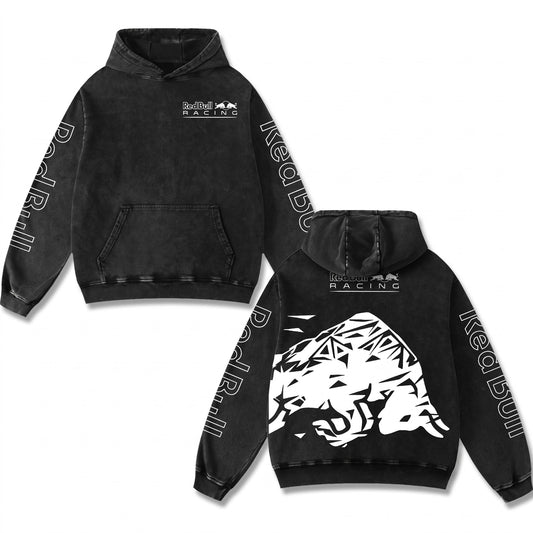 Retro Geometric Red Bull Racing Hoodie Black Acid Washed, Formula F1 Origami Bull Graphic, Moto – Black