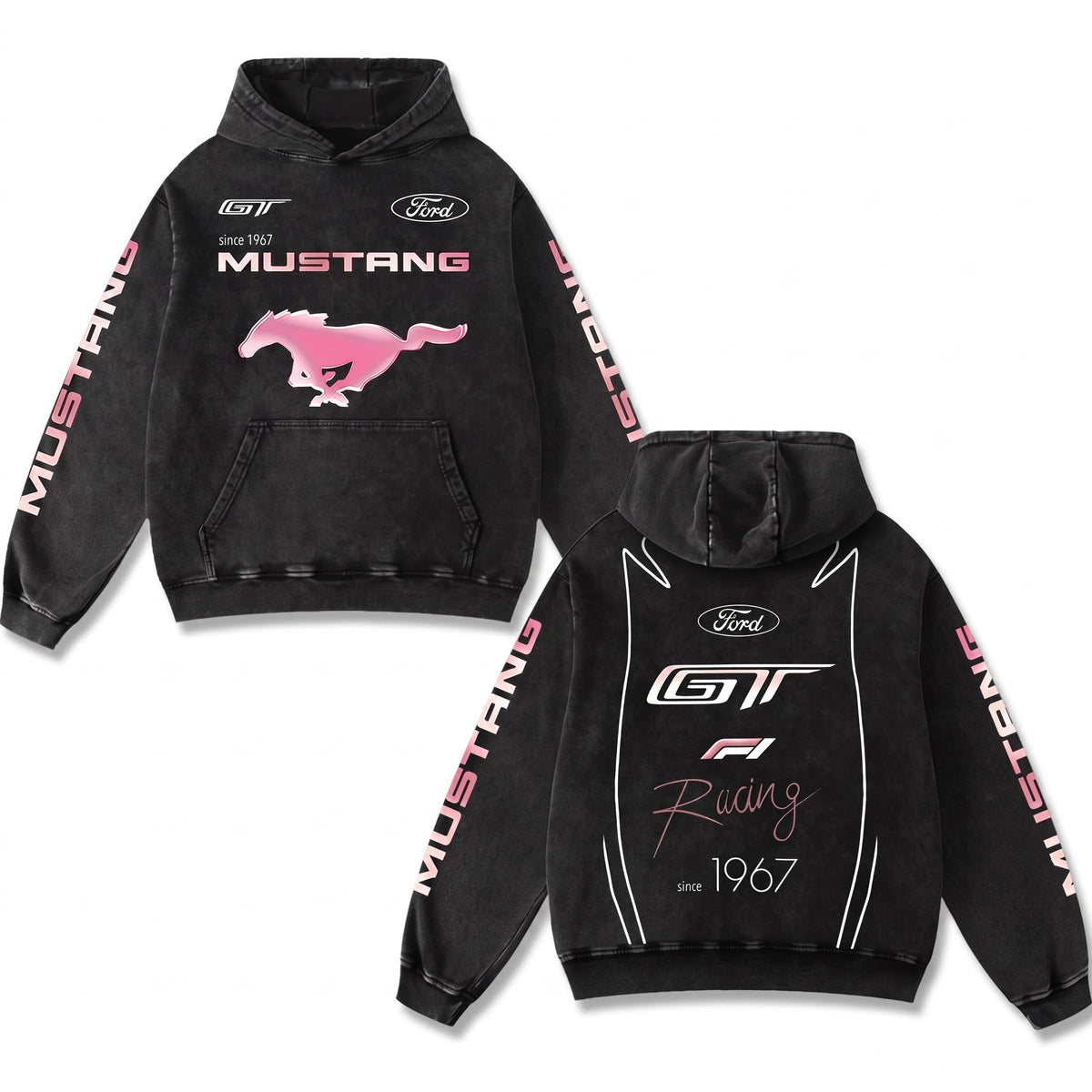 Retro Pink Ford Mustang GT Racing Hoodie Black Acid Washed, Since 1967 Muscle Car Horse Graphic – Black