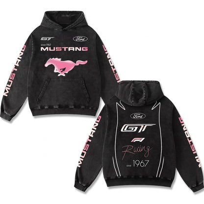 Retro Pink Ford Mustang GT Racing Hoodie Black Acid Washed, Since 1967 Muscle Car Horse Graphic – Black