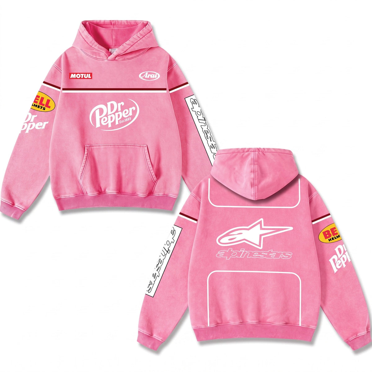 Retro Dr Pepper Alpinestars Racing Hoodie Pink Acid Washed, Motul Arai Bell Helmets Superbike E – Pink